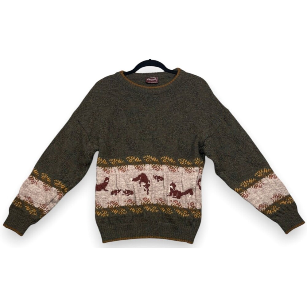 Vintage Concept Knitwear England Fox Scene 100% Wool Sweater Mens S Cottagecore